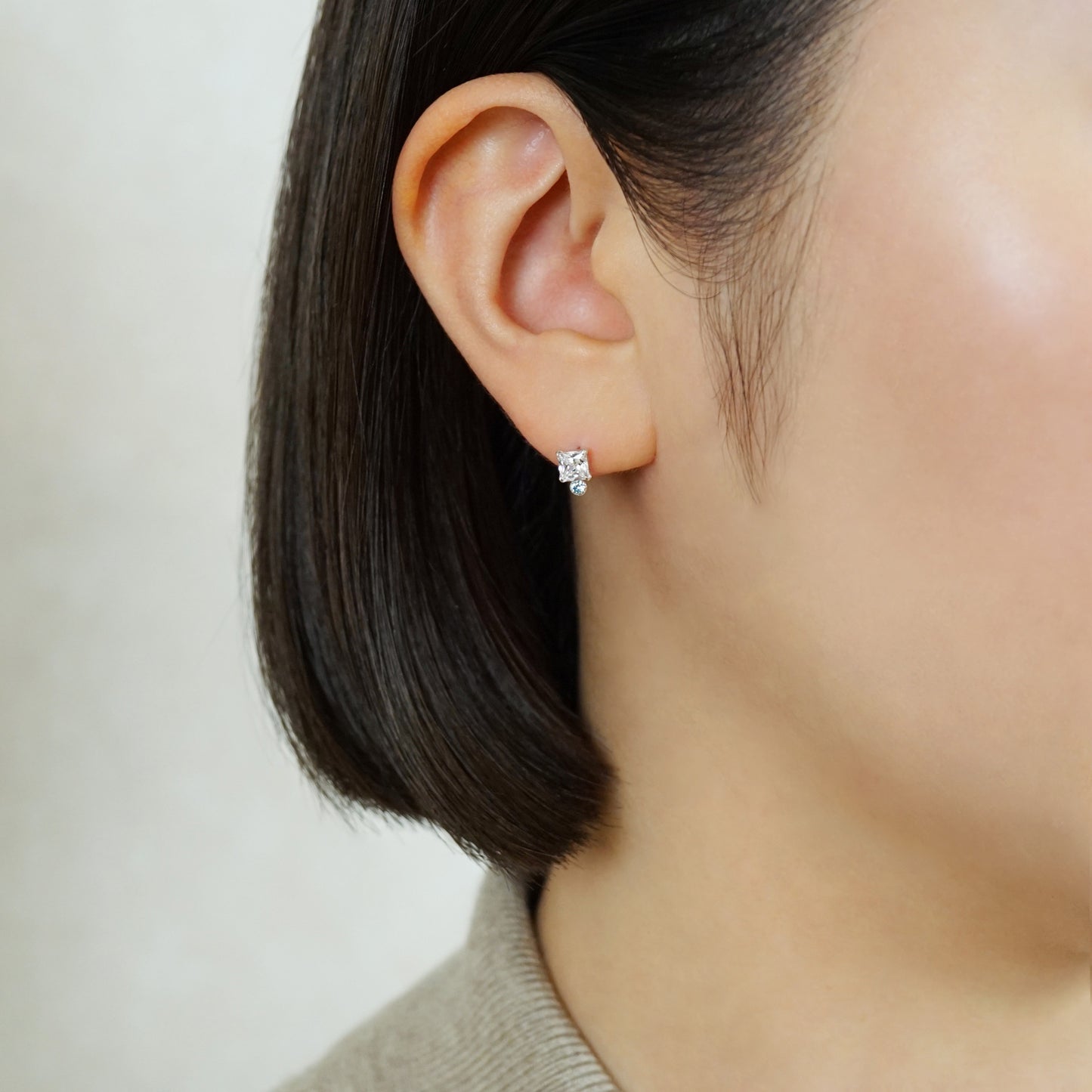 10K Light Blue Color Square Stud Earrings (White Gold) - Model Image