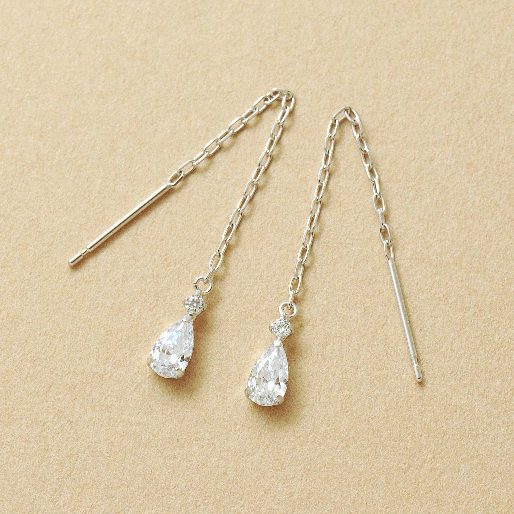 10K Drop Threader Earrings (White Gold) - Product Image