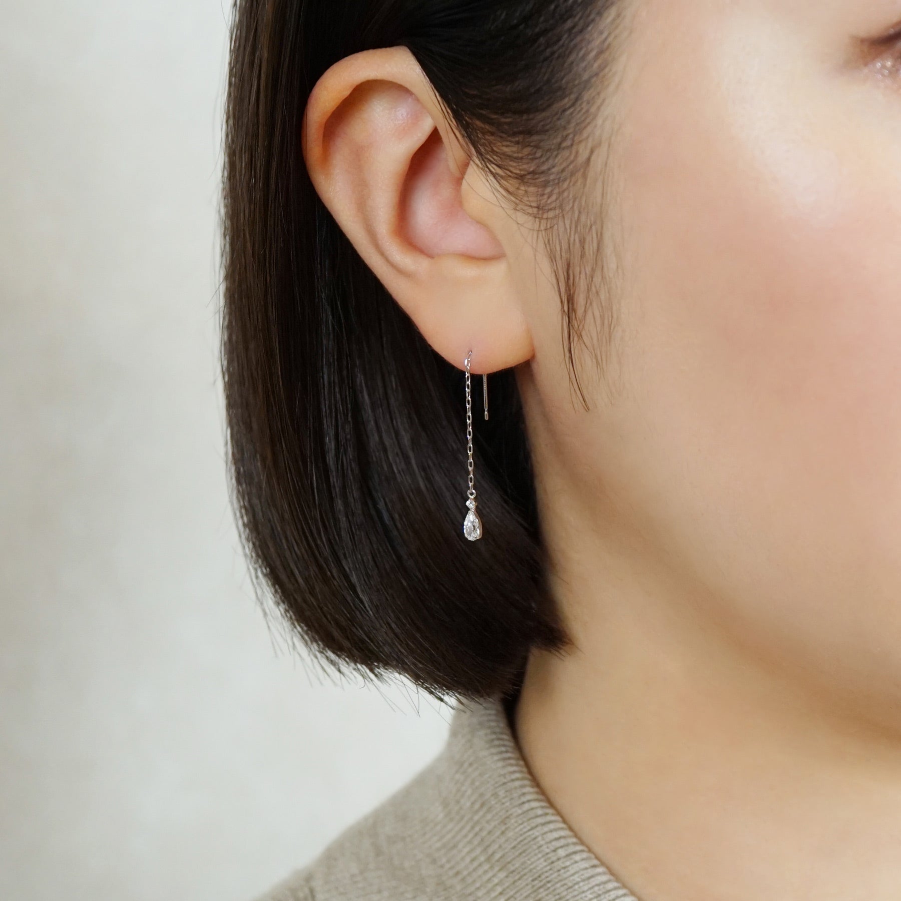 10K Drop Threader Earrings (White Gold) - Model Image