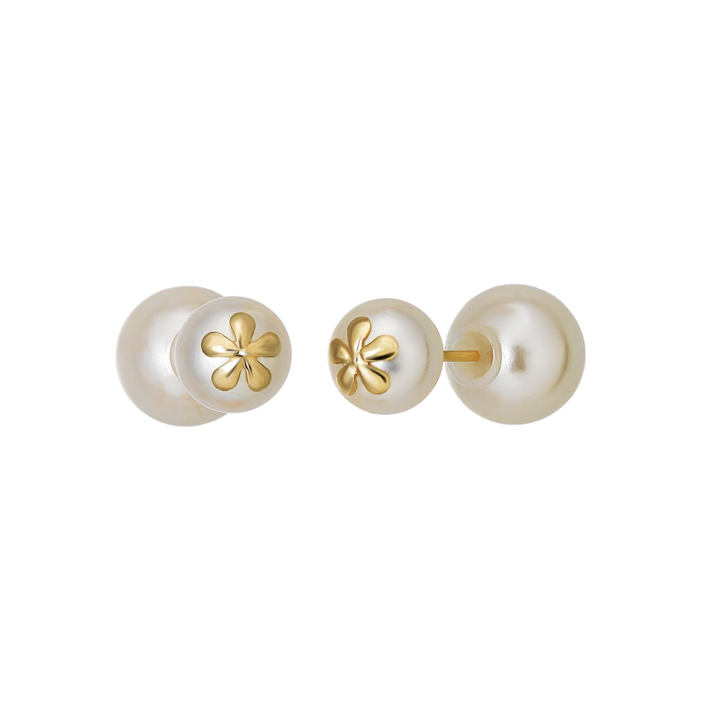 18K/10K Freshwater Pearl Flower Stud Earrings (Yellow Gold) - Product Image
