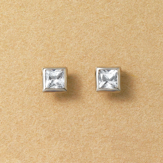 [Second Earrings] Platinum White Sapphire Square Earrings - Product Image