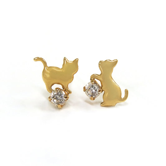 18K/10K Yellow Gold Playing Cat Earrings - Product Image