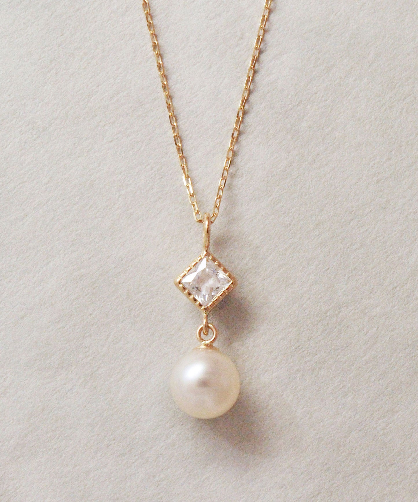 10K Yellow Gold Freshwater Pearl Milgrain Square Necklace - Product Image