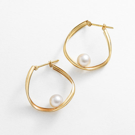 18K / 10K Yellow Gold Twisted Hoop Pearl Earrings Large - Product Image