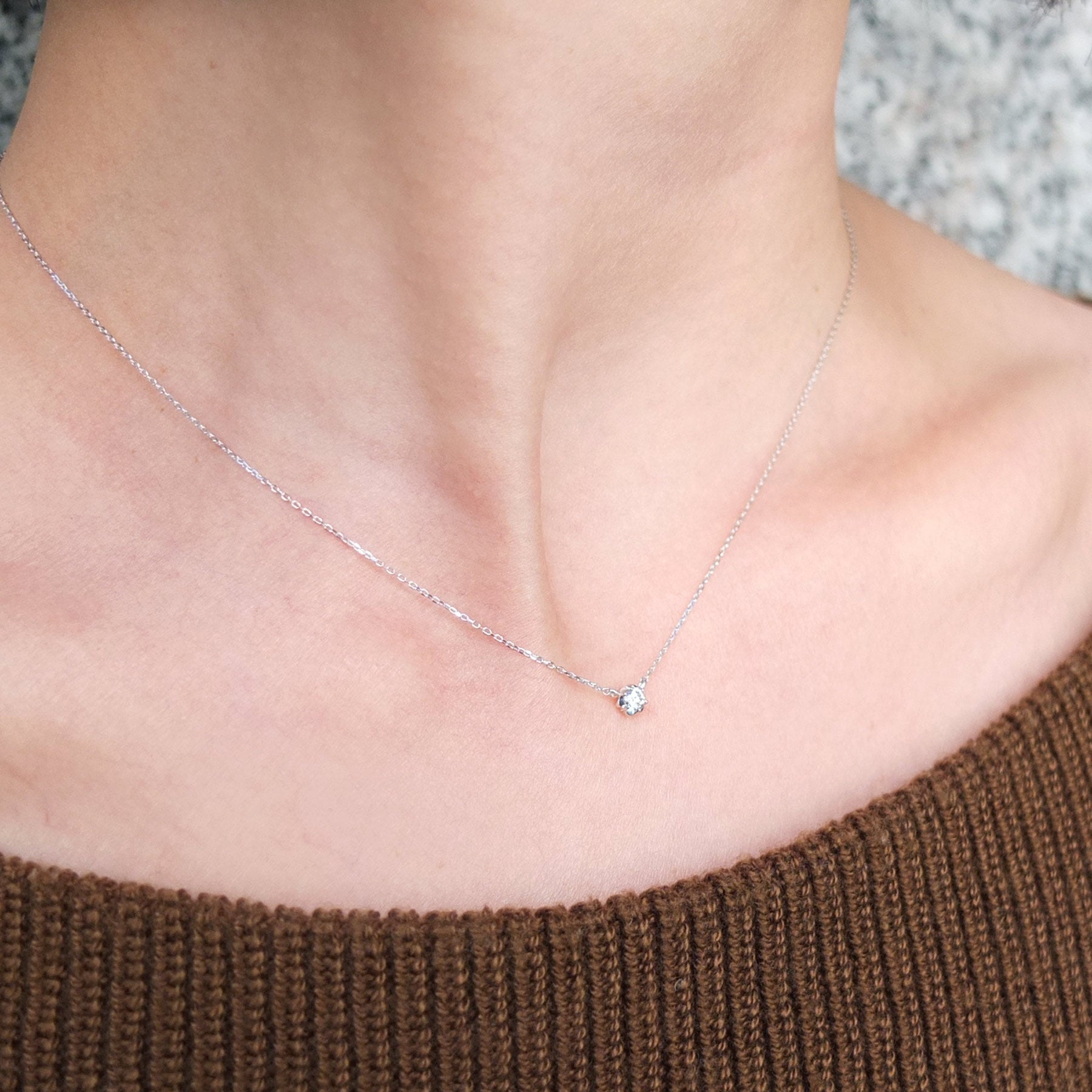 Fiolette Setting Single Diamond Necklace 0.07ct (10K White Gold) - Model Image