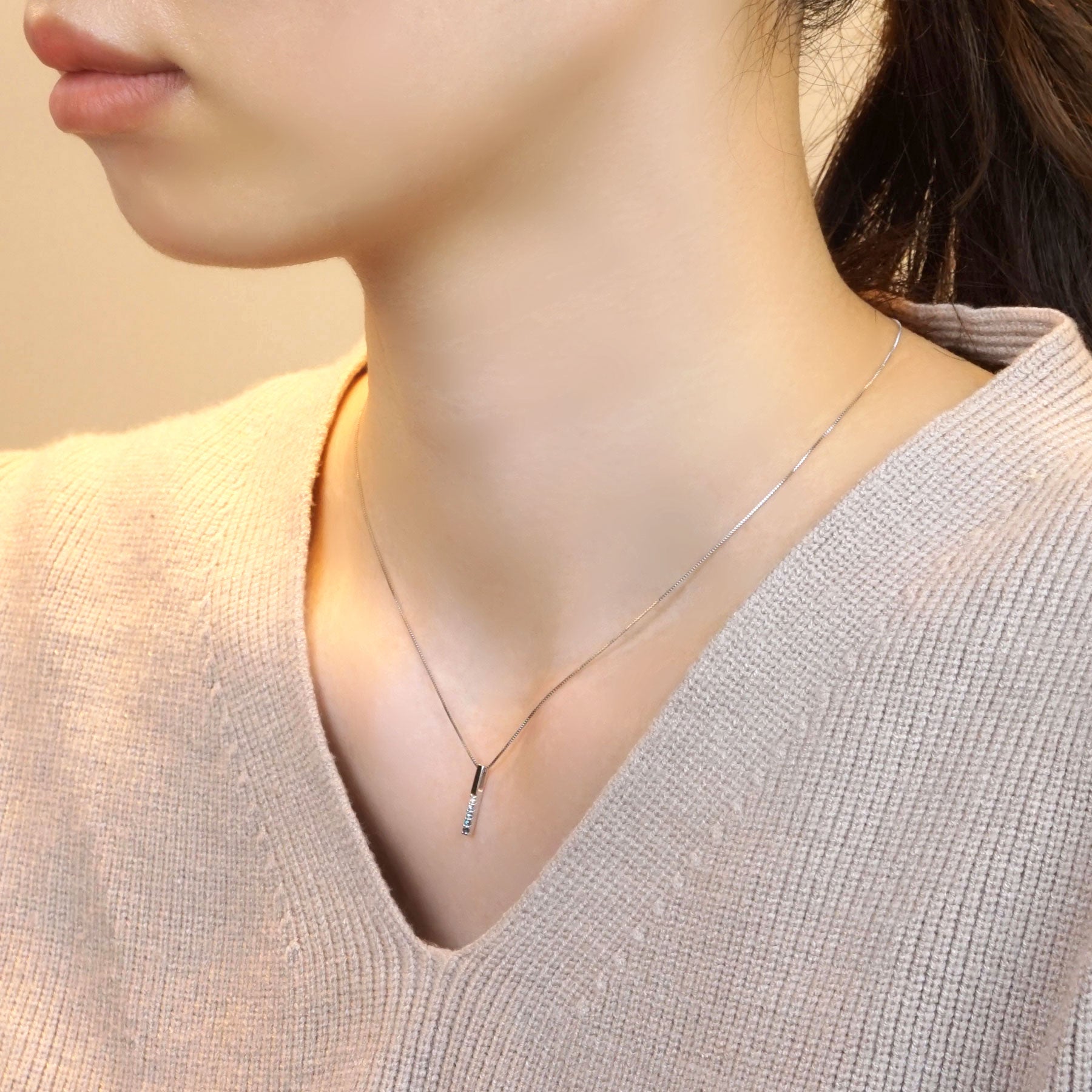 Ice Blue Diamond Gradient Straight Bar Necklace (10K White Gold) - Model Image