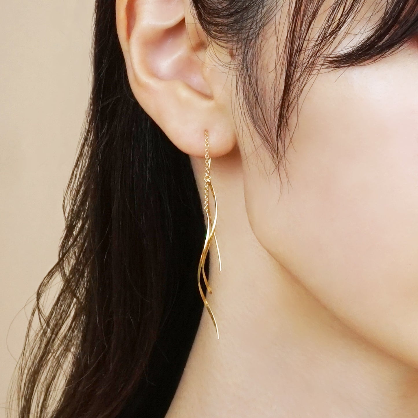 Gold Filled Wave Line Threader Earrings - Model Image