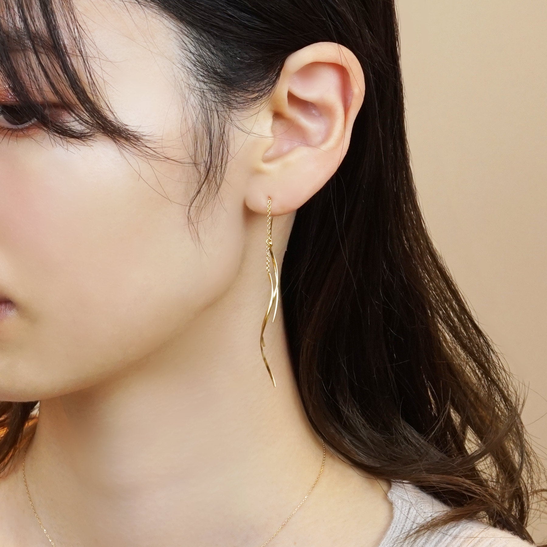 Gold Filled Wave Line Threader Earrings - Model Image