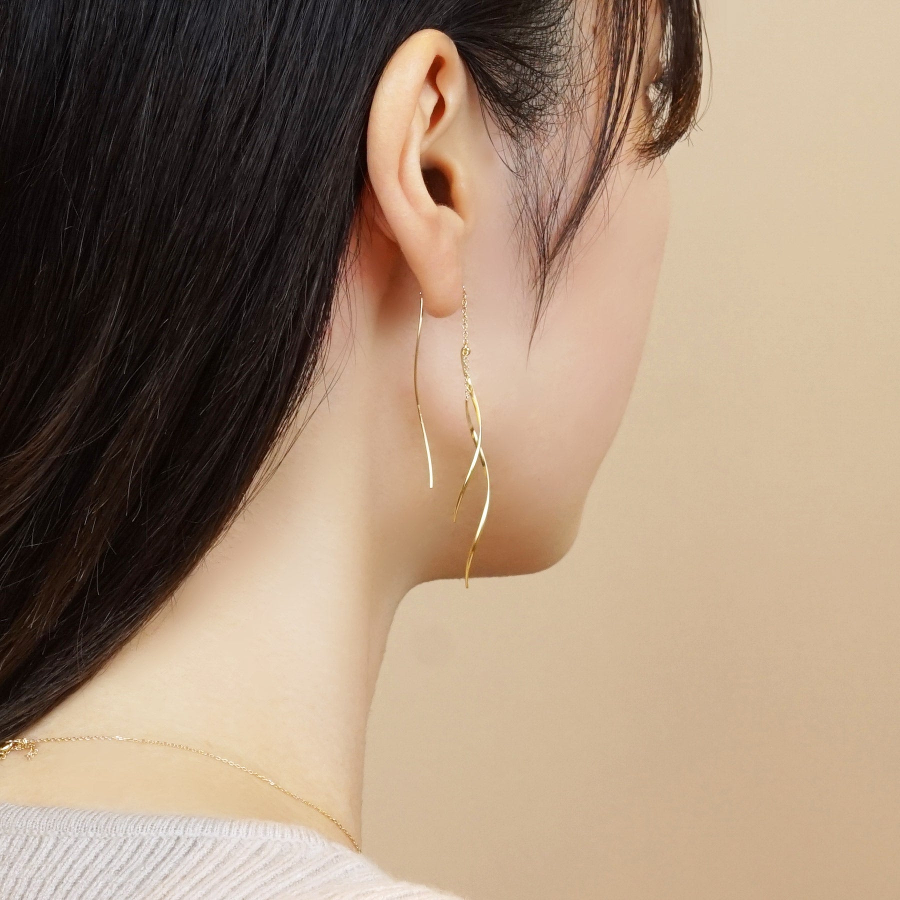 Gold Filled Wave Line Threader Earrings - Model Image