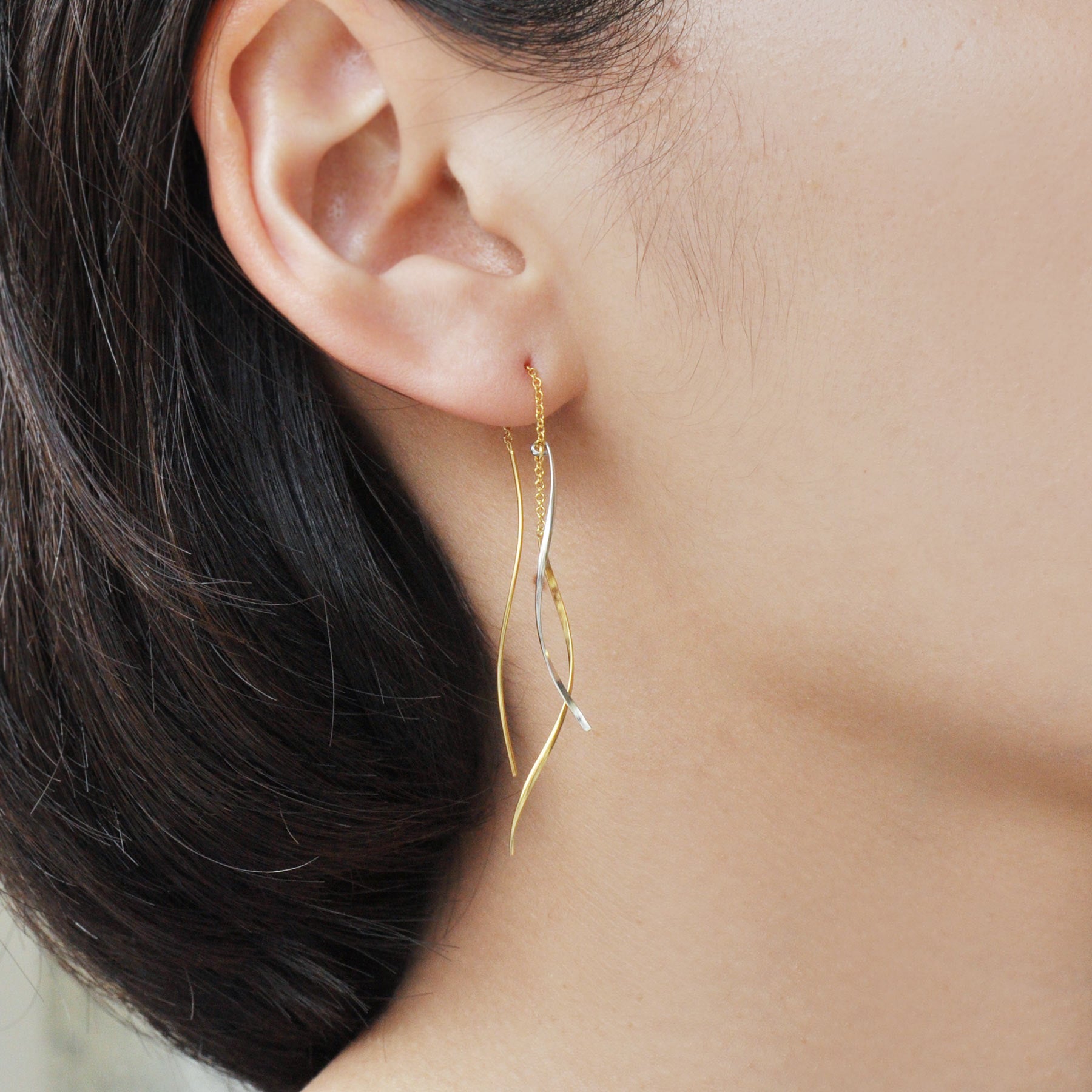 Gold Filled Wave Line Threader Earrings (Platinum Plated / Yellow Gold Filled) - Model Image