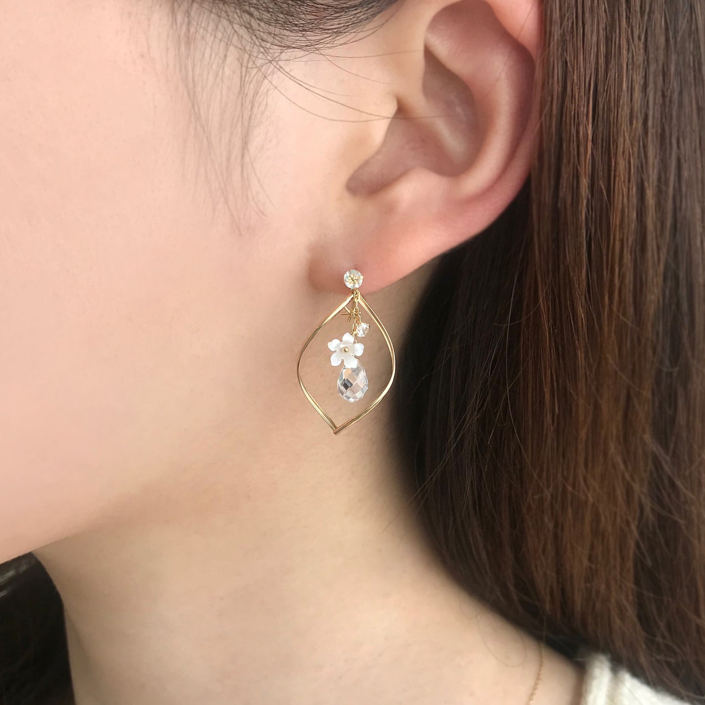 [Second Earrings] 18K Yellow Gold Cubic Zirconia Heart Cut Earrings - Model Image