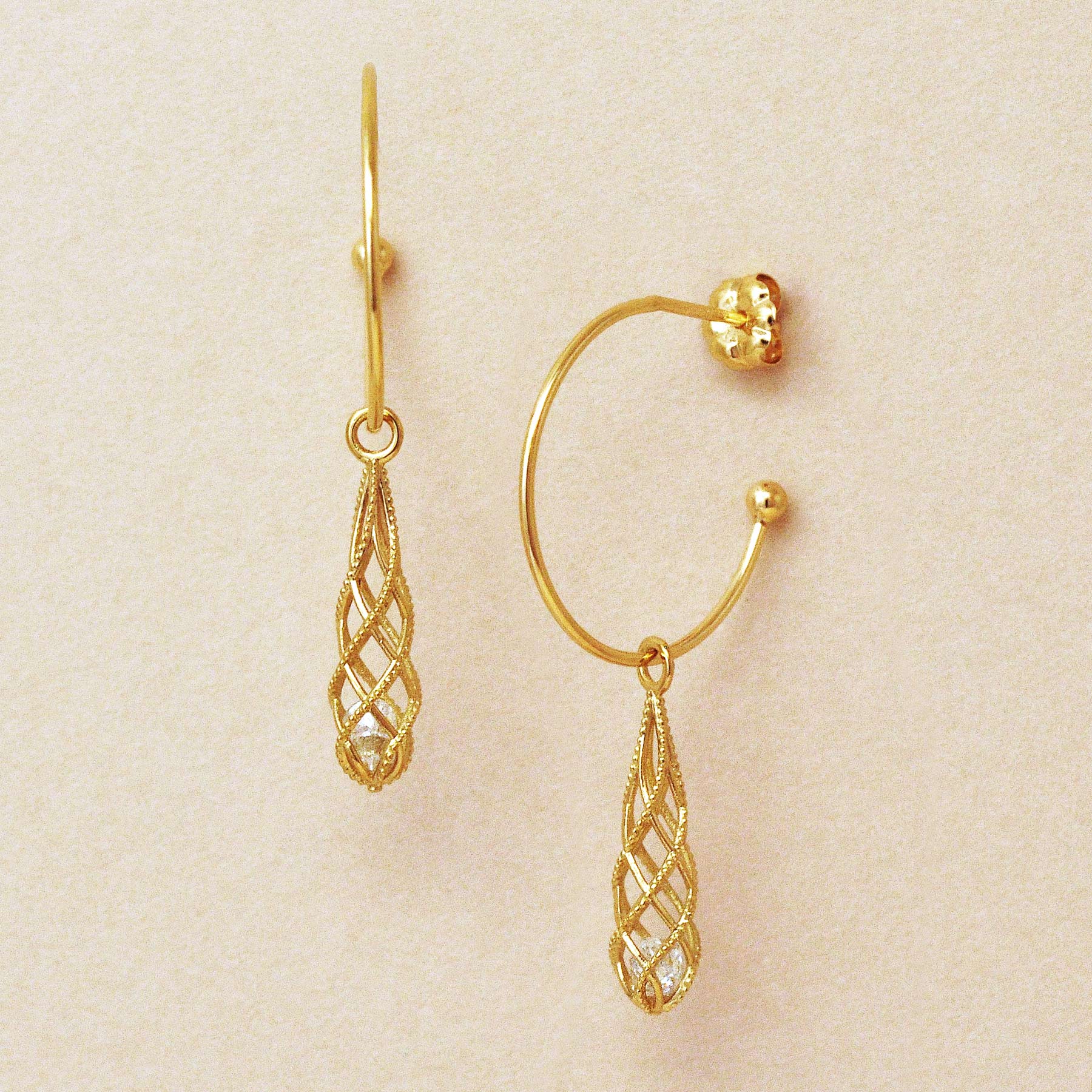 18K Yellow Gold Pannier Long Drop Crescent Earrings - Product Image