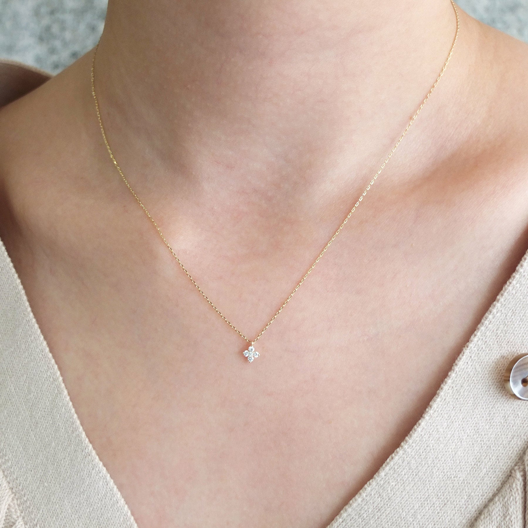 10K Yellow Gold Diamond Mini Flower Necklace - Model Image