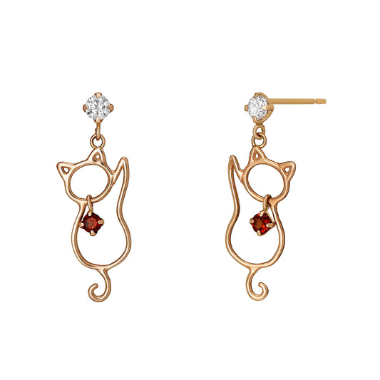 18K / 10K Rose Gold Garnet Cat Swinging Earrings - Product Image