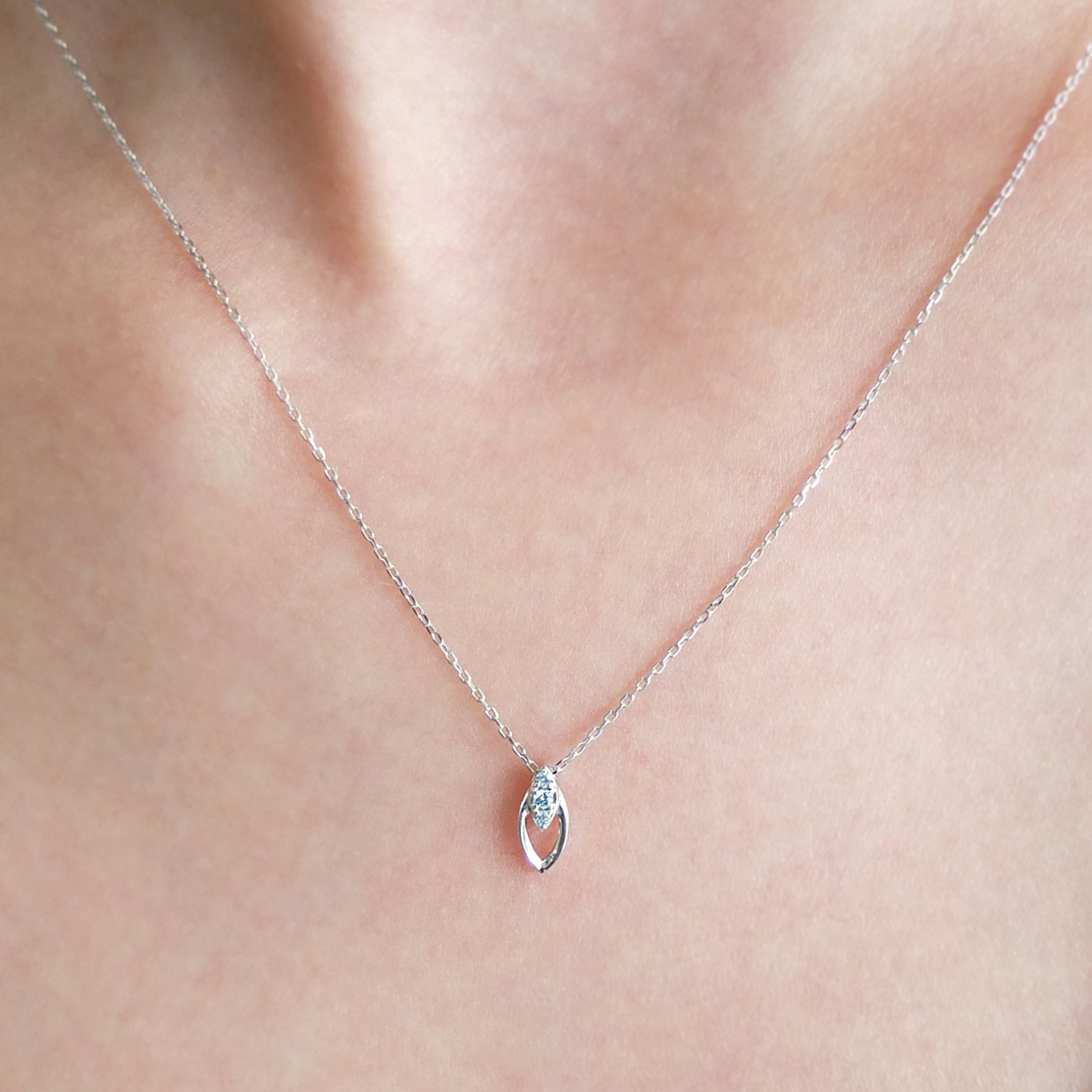 10K White Gold Diamond Marquise Necklace - Model Image