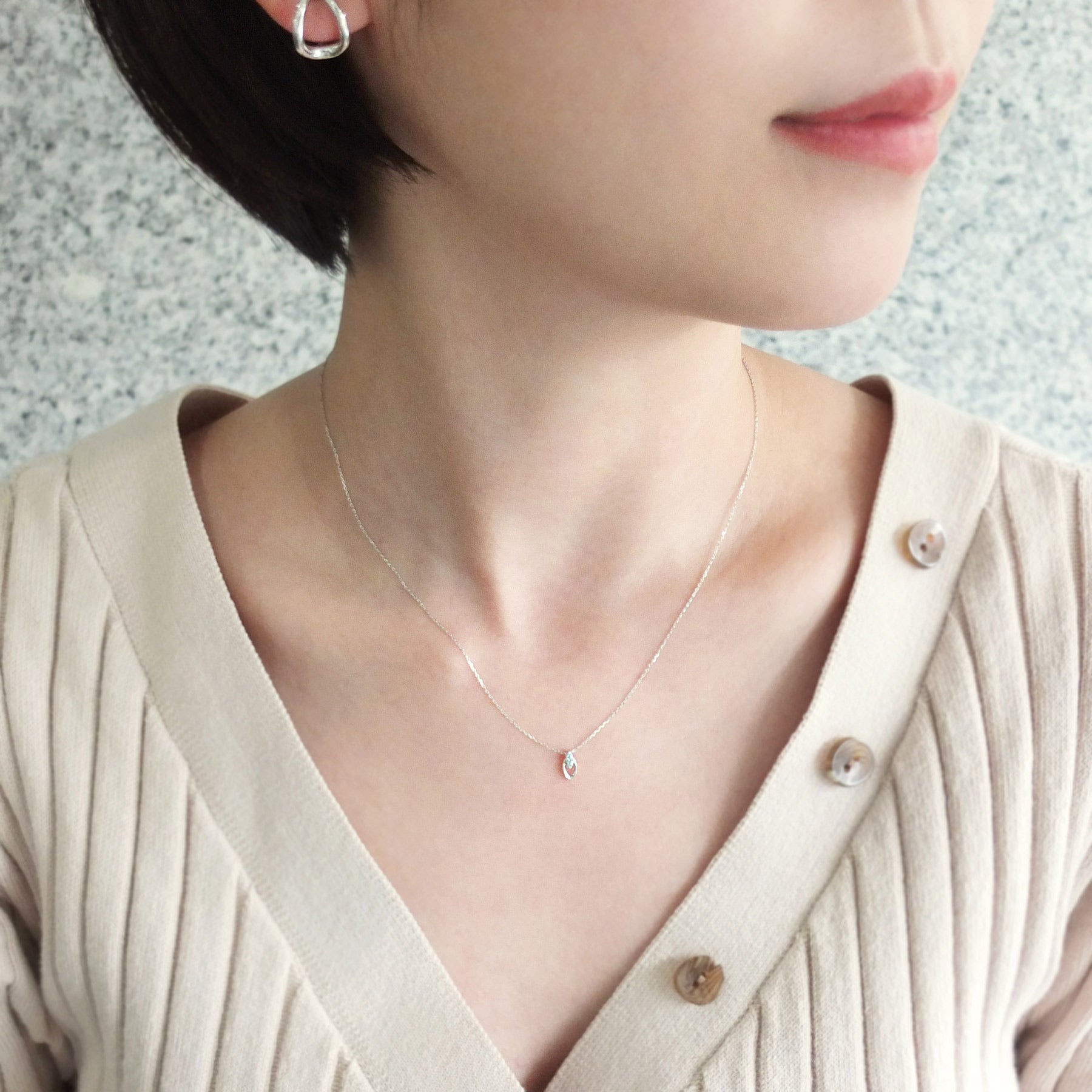 10K White Gold Diamond Marquise Necklace - Model Image