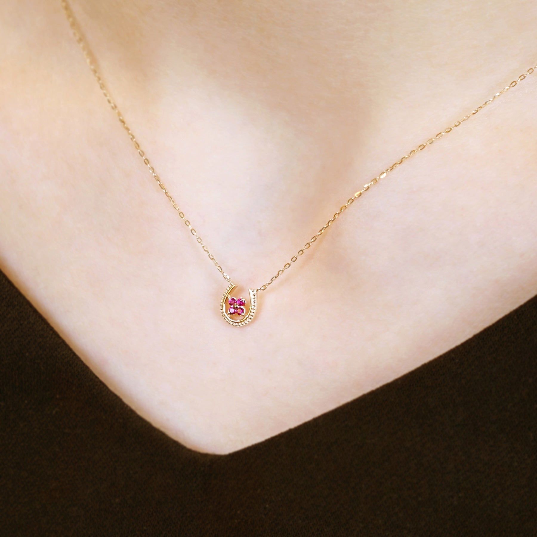 10K Yellow Gold Ruby Double Happiness Necklace - Model Image
