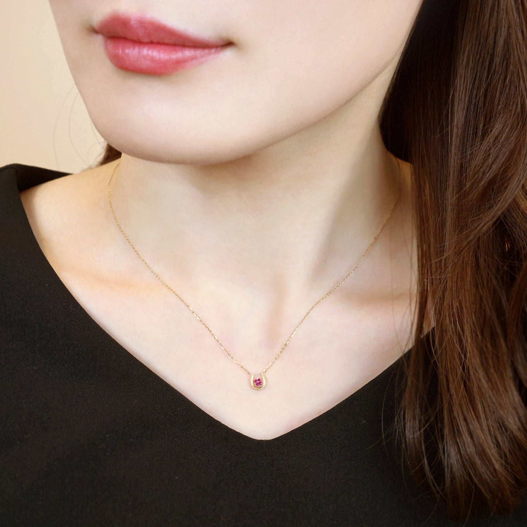 10K Yellow Gold Ruby Double Happiness Necklace - Model Image
