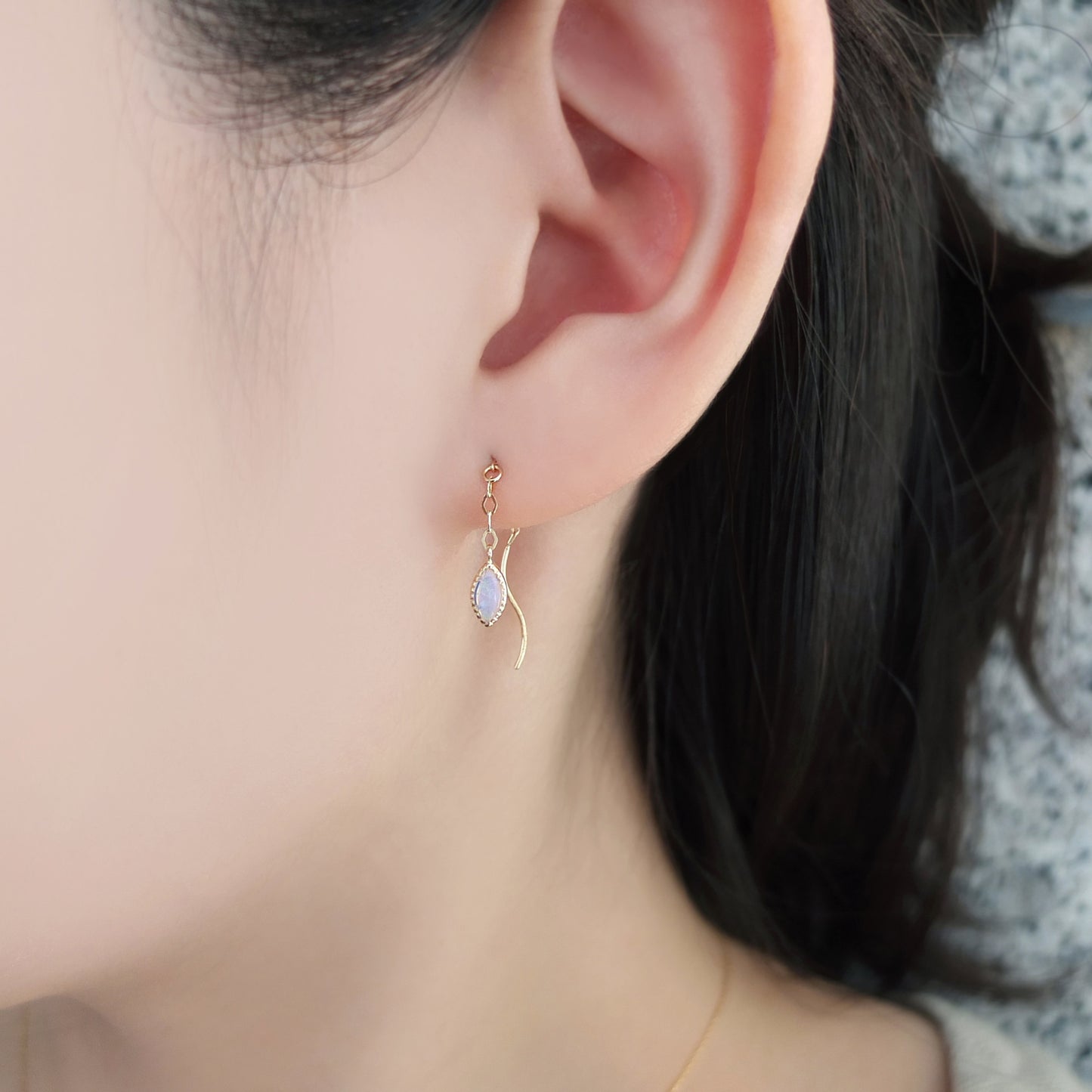 18K / 10K Yellow Gold Opal Threader Earrings - Model Image