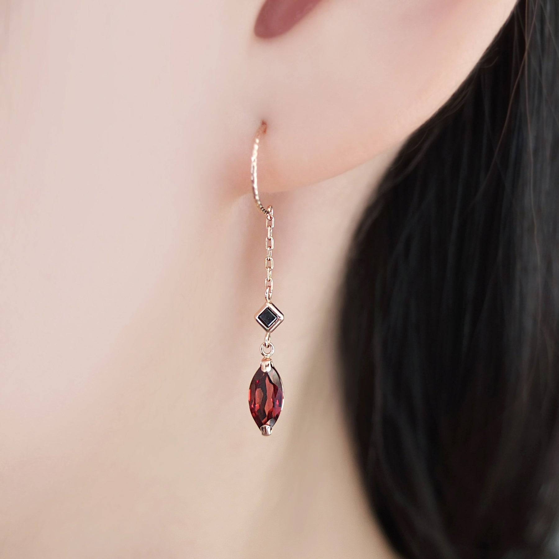 18K / 10K Rose Gold Garnet Crescent Earrings - Model Image