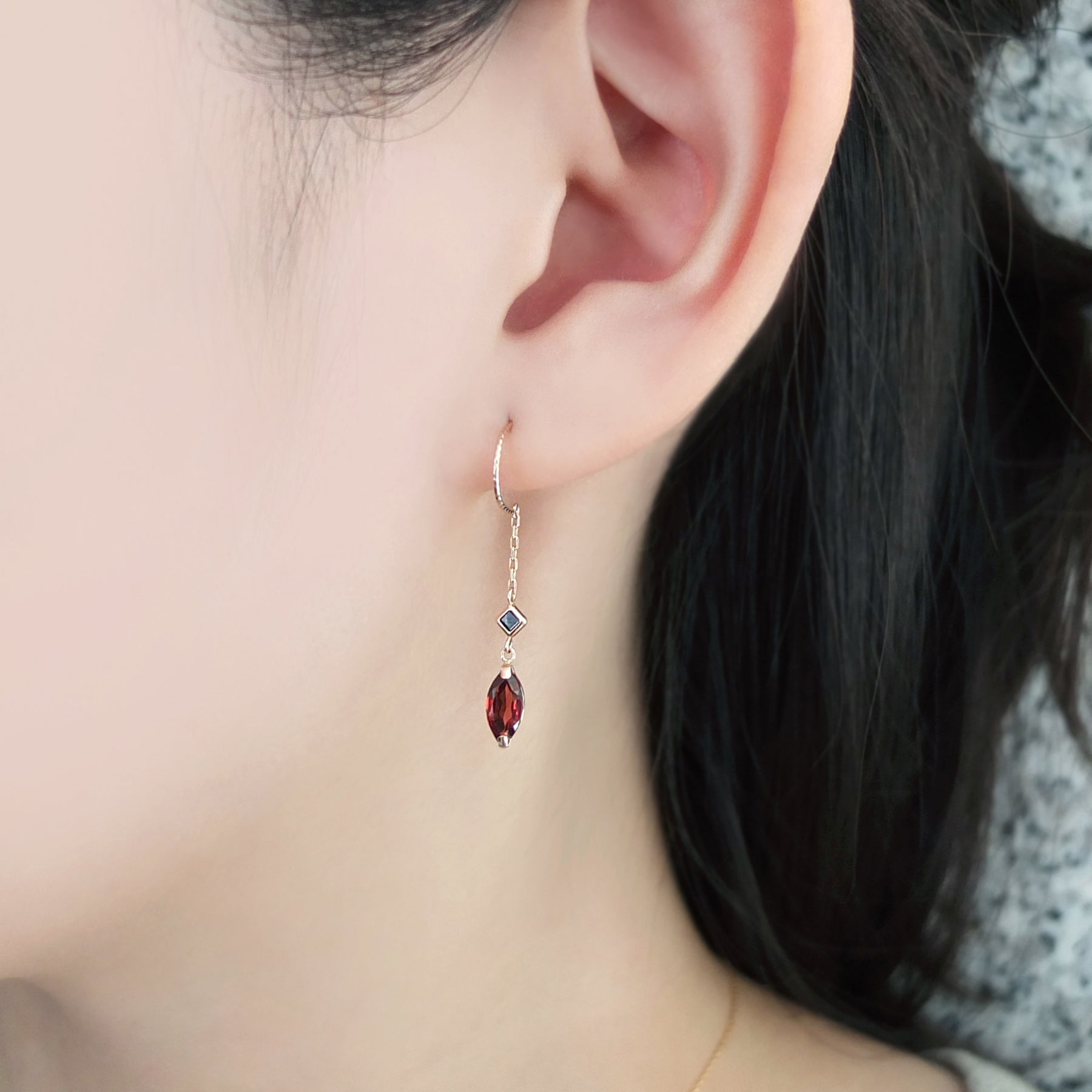 18K / 10K Rose Gold Garnet Crescent Earrings - Model Image
