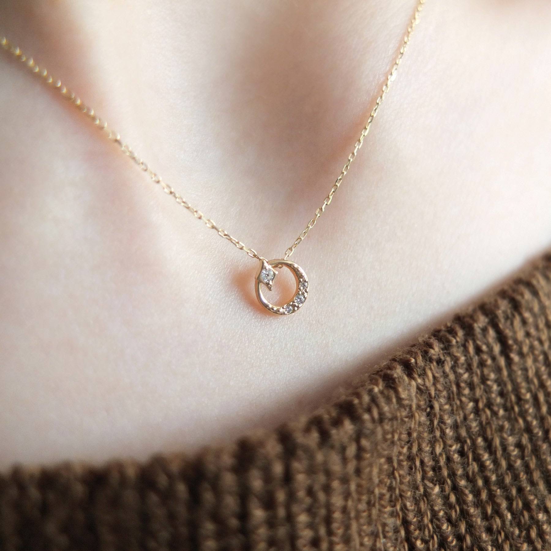10K Yellow Gold Diamond Crescent Star Necklace - Model Image