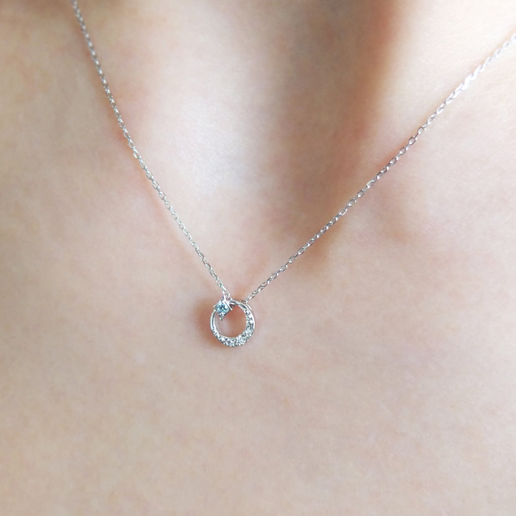 10K White Gold Diamond Crescent Star Necklace - Model Image