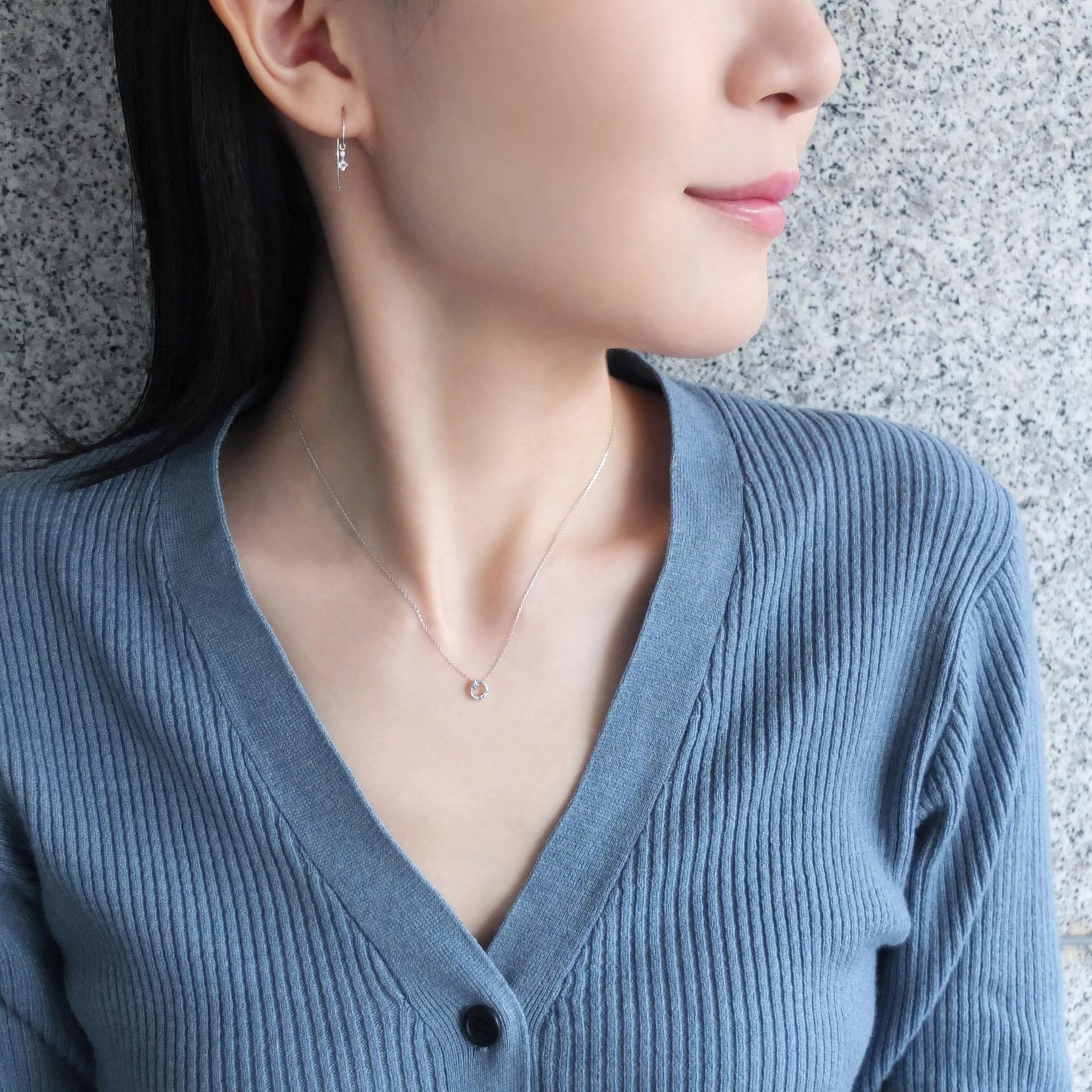 10K White Gold Diamond Crescent Star Necklace - Model Image
