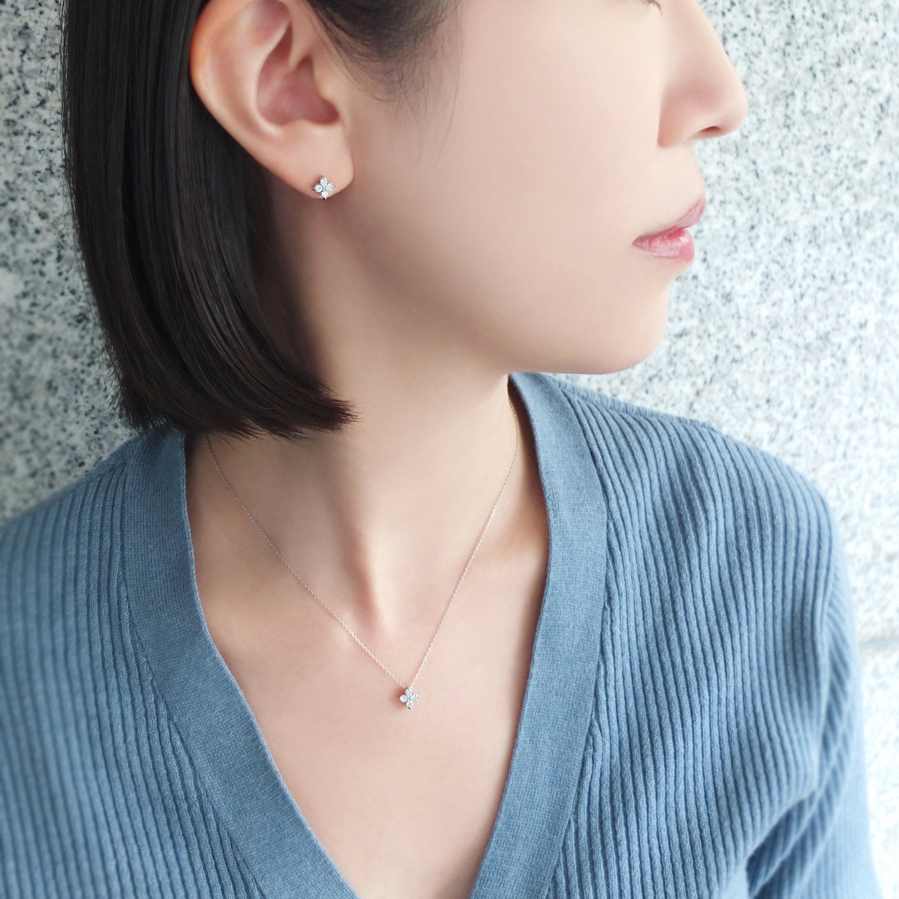Platinum Diamond Flower Earrings - Model Image