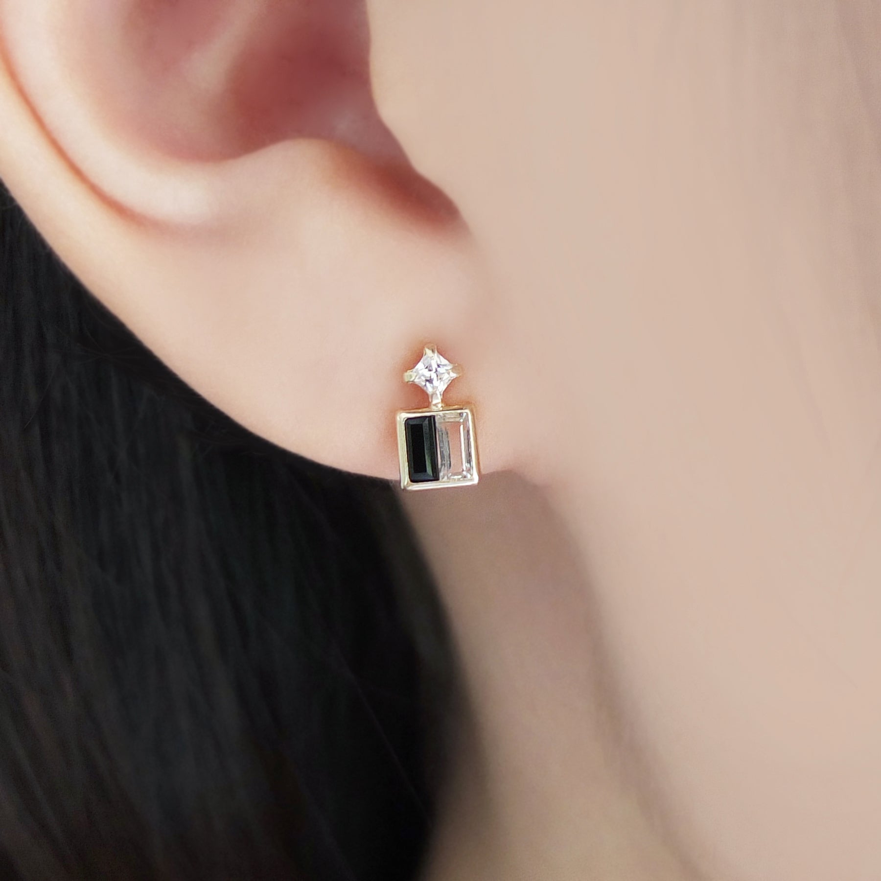 18K/10K Yellow Gold Onyx White Topaz Twin Earrings - Model Image