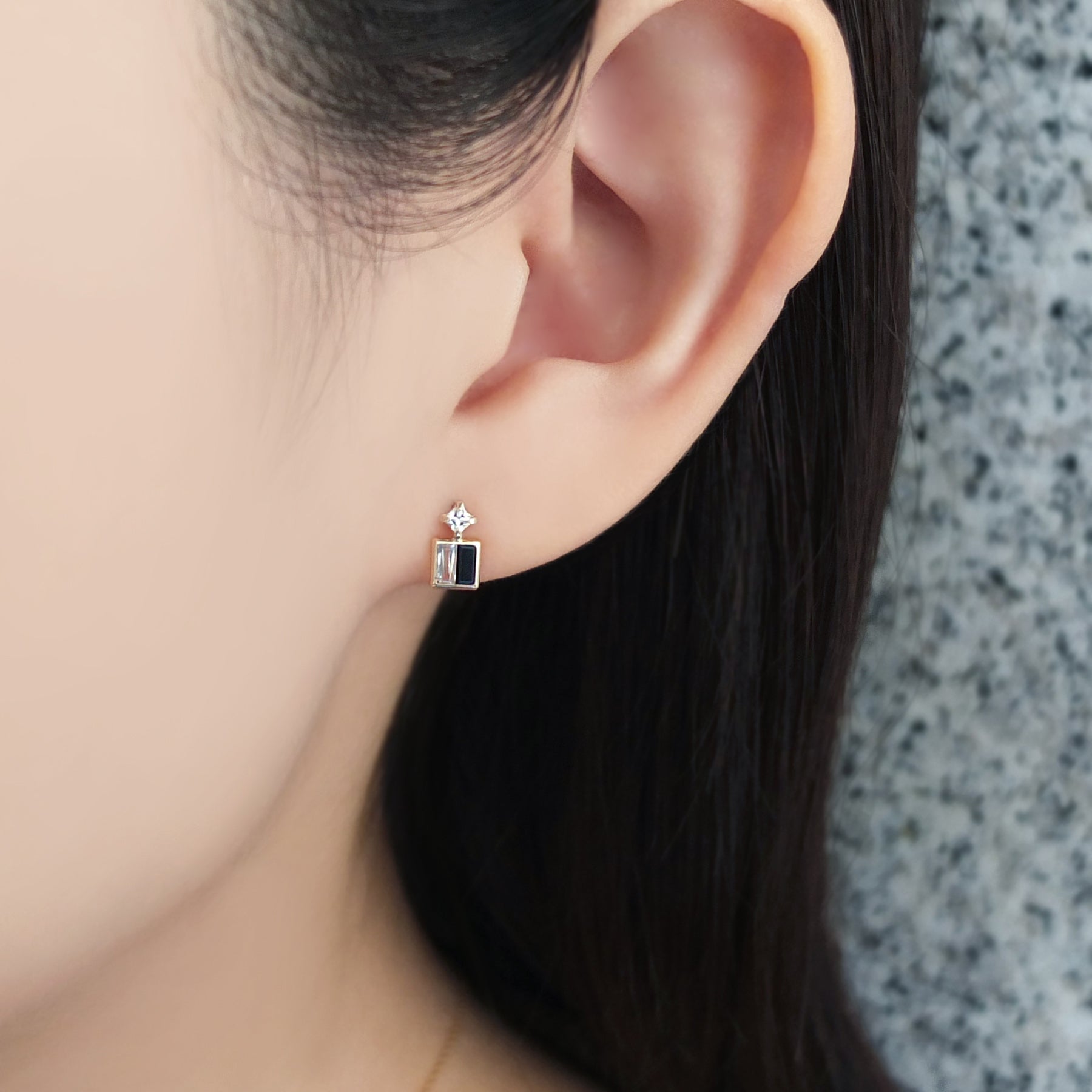 18K/10K Yellow Gold Onyx White Topaz Twin Earrings - Model Image
