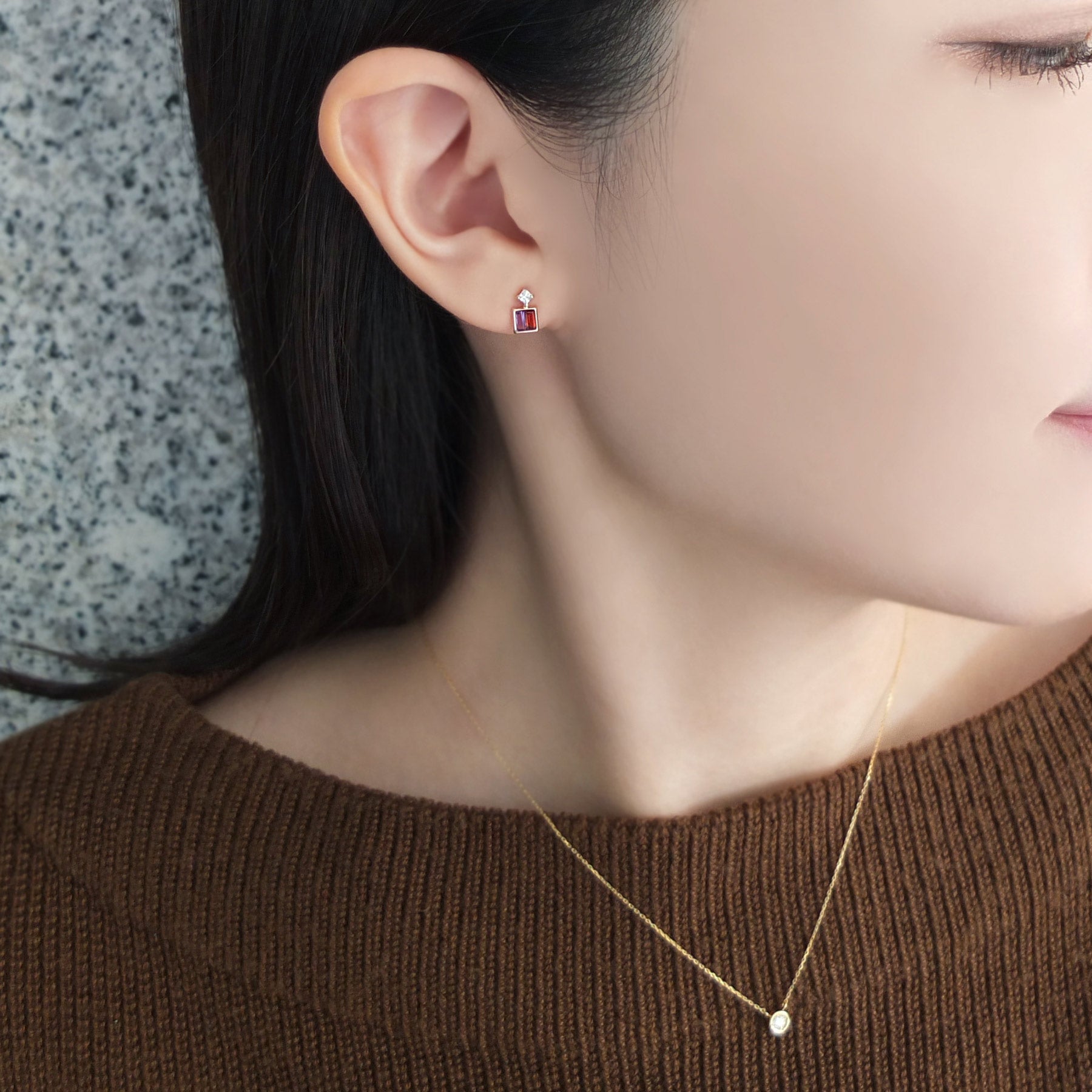 18K/10K Rose Gold Amethyst/Garnet Twin Earrings - Model Image