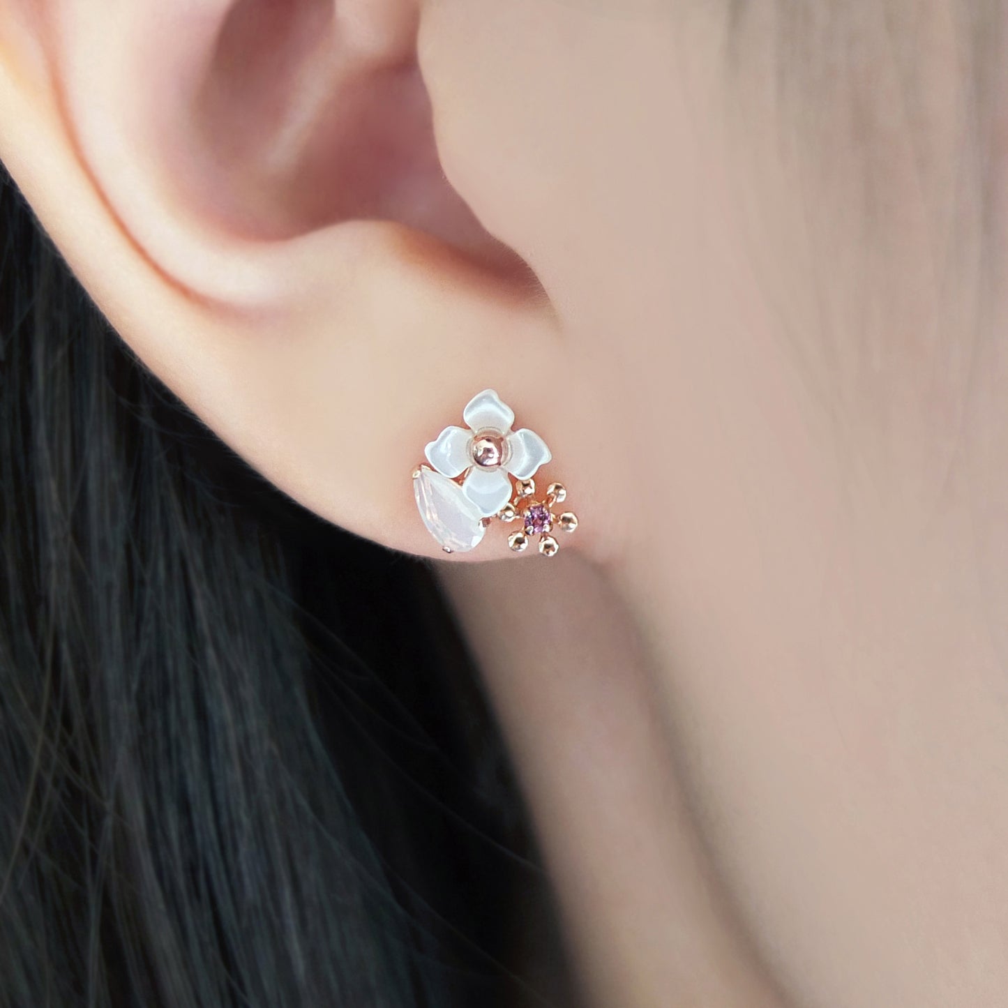 18K / 10K Rose Gold Rhodolite Garnet Holy Flower Earrings - Model Image