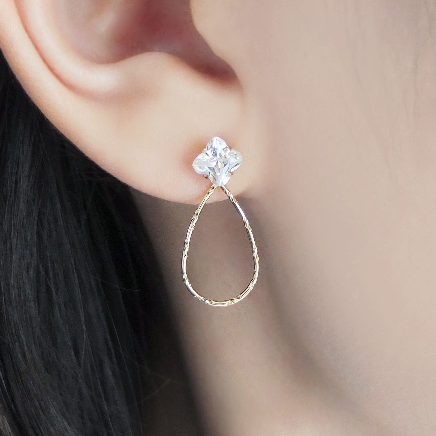 18K / 10K Yellow Gold Cubic Zirconia Flower Drop Earrings - Model Image