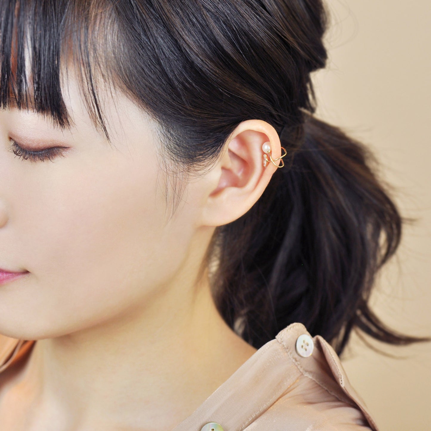 10K Yellow Gold Moonstone Ear Cuff [Jasmine] - Model Image