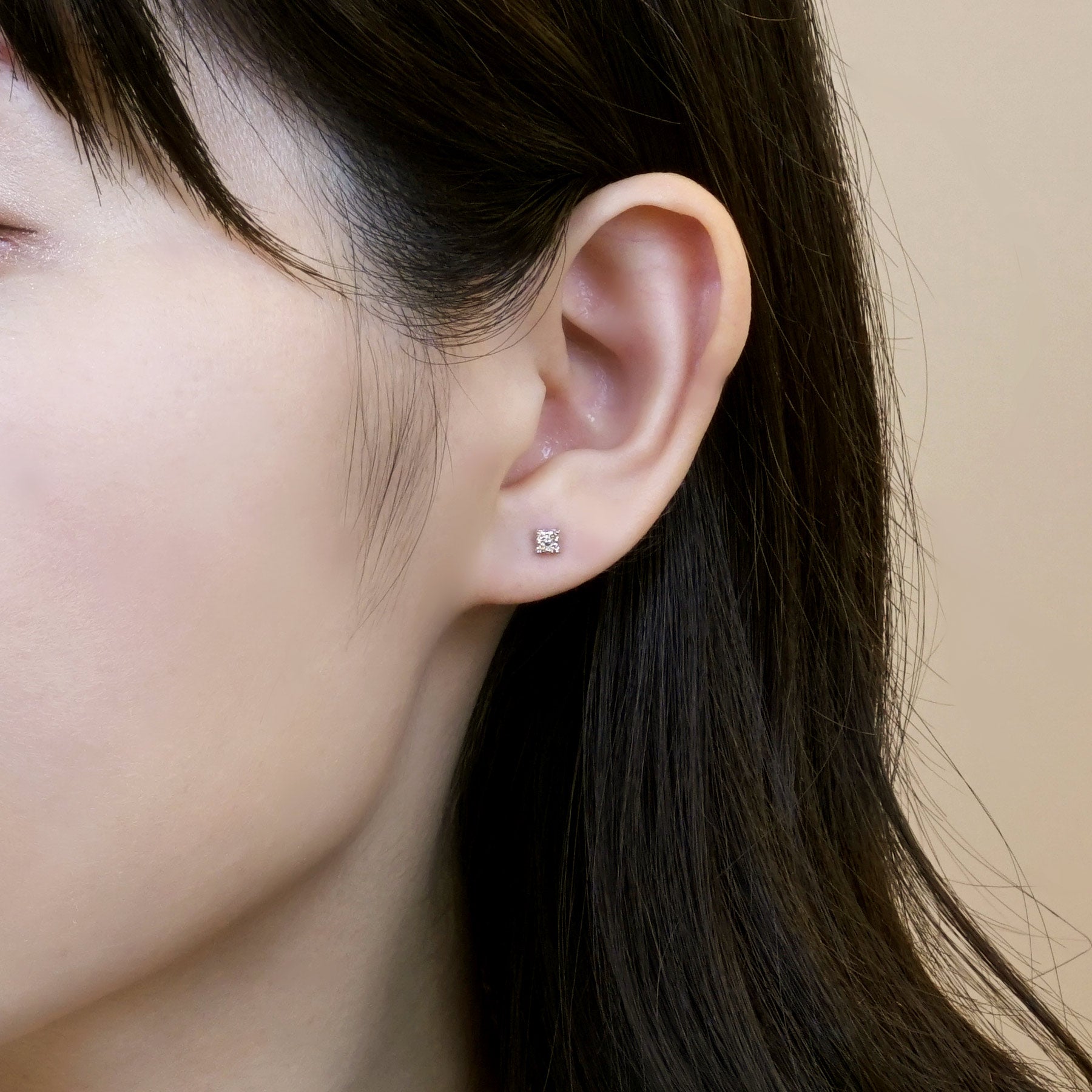 14K White Gold Diamond Square Earrings - Model Image