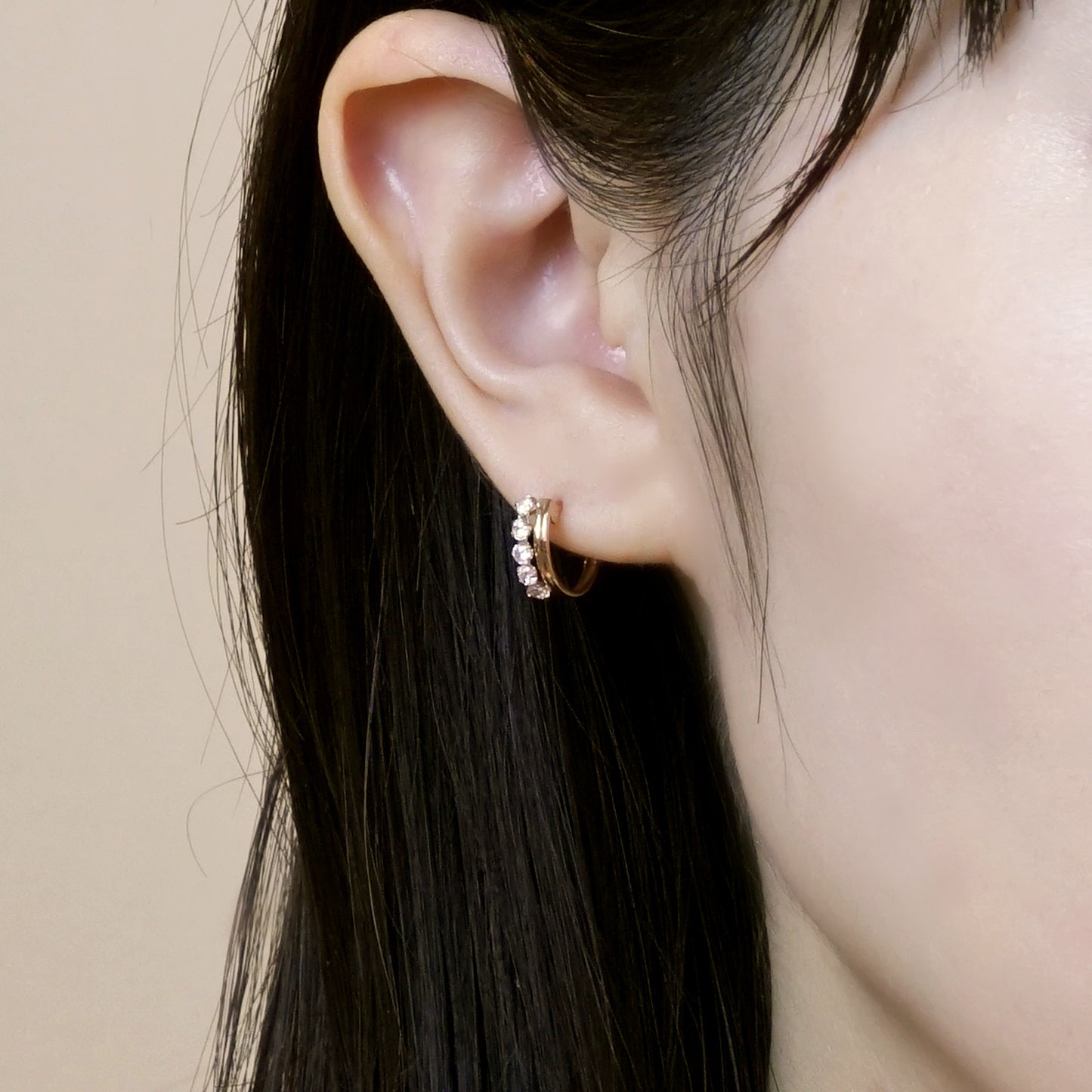 18K/10K Rose Gold Cubic Zirconia Hoop Earrings - Model Image
